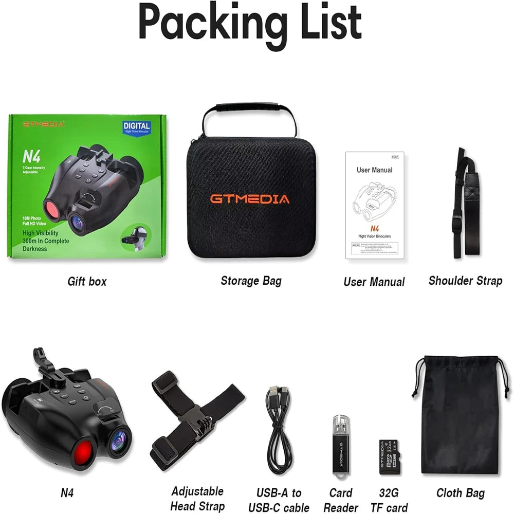 Dispositivo N4, cinta ajustable, cable USB, lector de tarjetas, tarjeta de 32 GB y bolsa de tela